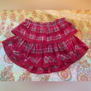 Love Shack Fancy Ruffle Mini  Skirt Medium Red Plaid Lace Ribbon